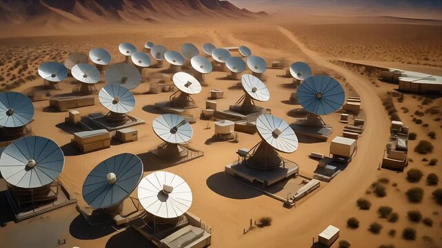 Aerial flyover of desert radio telescope array.