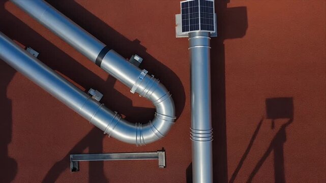 Aerial top view of rooftop industrial ventilation pipes with solar powered vent.