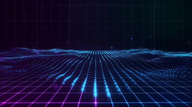 Futuristic AI data flow background with glowing particles moving across a digital grid. Seamless loop in 4K, perfect for business, technology, and innovation themes.