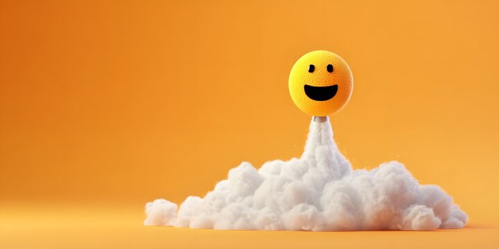 Cheerful yellow smiley face emoji sphere ascending on a column of white fluffy smoke or cloud against a bright vibrant orange background symbolizing happiness and success