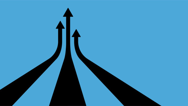 Three black arrows converging and pointing upward on a solid blue background, Symbolizing growth and success