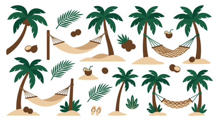 Obraz premium Tropical beach vacation scene with palm trees hammocks coconuts and palm leaves perfect for summer holiday and relaxation themes
