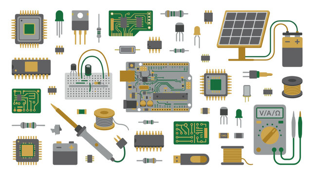 Electronic components and tools for circuit board assembly and DIY projects including microchips resistors capacitors and soldering iron