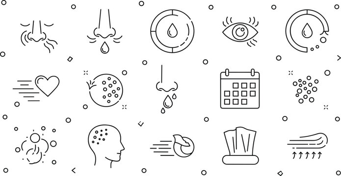 Allergy Symptom and Respiratory Health Tracking Icon Set featuring Sneezing, Runny Nose, Eye Irritation, Brain Fog, and Medical Calendar Logs