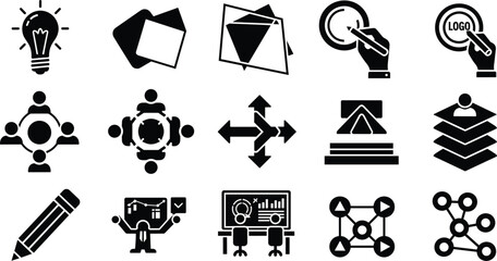 Fototapeta premium Creative Team Collaboration and Business Strategy Solid Icon Set featuring Ideation, Strategic Planning, Meeting Tables, and Data Visualisation Symbols