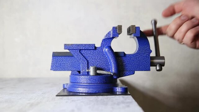 Close up view of blue metal bench vise on grey workbench. Person hand turns rotating handle, adjusting vise jaws. Industrial workshop setting. Tool for holding items securely, common for repairs or fa
