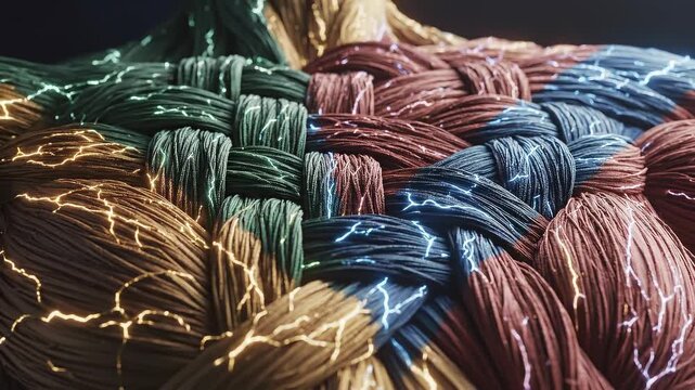 Colorful Fiber Texture Glowing Thread Abstract Pattern Electric Energy Woven Surface Close Up Vibrant Dynamic Modern Art Tangled Black Wire Close Up