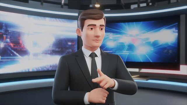 Animated business presenter gestures in futuristic digital news studio.