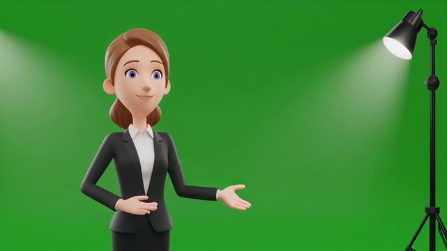 Animated businesswoman presenting in green screen studio lighting.