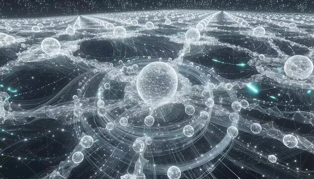 Large-scale digital grid network visualizing global artificial intelligence infrastructure, thousands of luminous nodes connected through glowing data pathways forming complex patterns across the grid