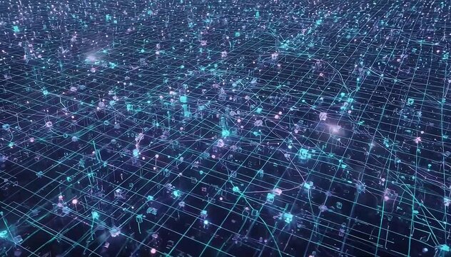 Large-scale digital grid network visualizing global artificial intelligence infrastructure, thousands of luminous nodes connected through glowing data pathways forming complex patterns across the grid
