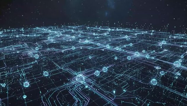 Large-scale digital grid network visualizing global artificial intelligence infrastructure, thousands of luminous nodes connected through glowing data pathways forming complex patterns across the grid