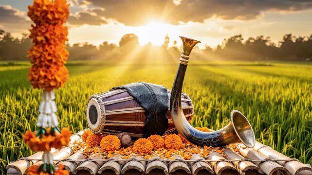 Traditional assamese bihu instruments and marigold garlands for bohag bihu, glowing in golden light over green fields.