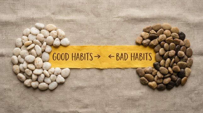 Good Habits versus Bad Habits symbolized by stones on textured background representing life choices