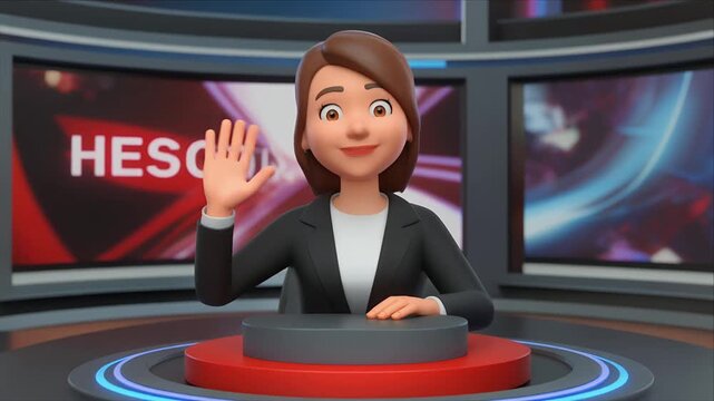 Animated news anchor waving at studio desk with cheerful greeting.