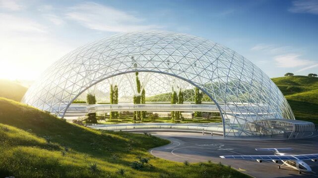 Modern architectural structure with glass dome and airplane on landing strip