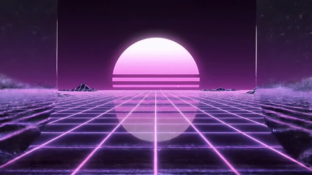 Chrome reflection REU CRM text on neon grid with sunset in retro wave style