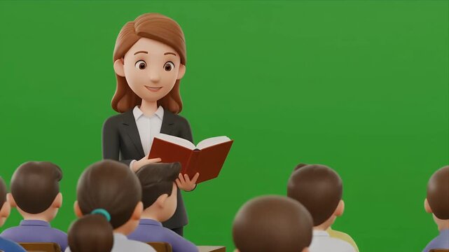 Animated teacher reading book to students on green screen background.