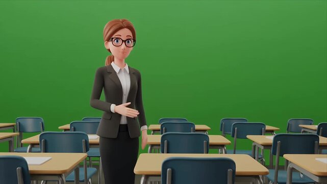 Animated teacher waves and points in empty classroom with green background.