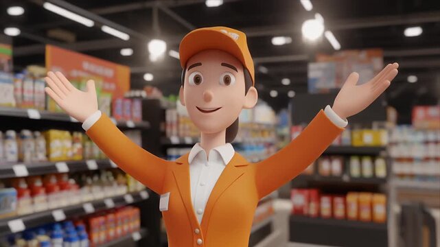 Animated supermarket employee raises arms welcoming shoppers in aisle.