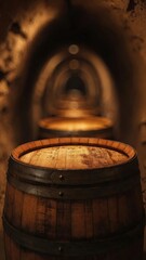 Fototapeta premium Wooden Barrel in Old Underground Cellar