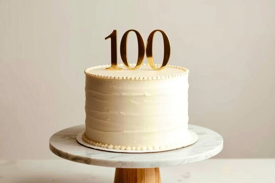 Minimalist 100th birthday cake on marble cake stand