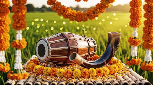 Festive bihu dhol and pepa with marigold garlands, celebrating rongali bihu in green field.