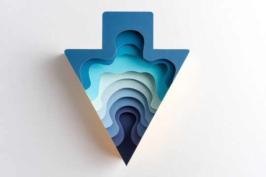Layered paper cut downward arrow icon, financial decline and loss concept