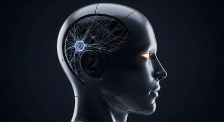 Fototapeta premium Artificial intelligence concept with a robotic head and glowing neural network.