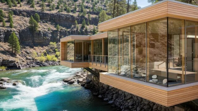 Modern architecture riverside cabin exterior with large windows