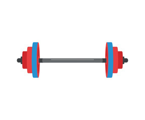 Obraz premium Dumbbell with red and blue weights on gray barbell