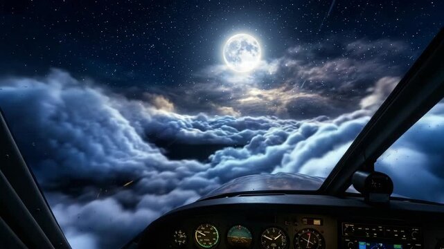 View from an airplane cockpit flying over thick clouds under a bright full moon and starry night sky