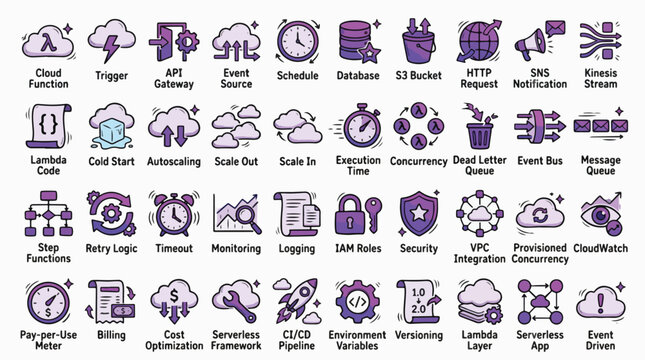 Serverless Computing Icons in Hand Drawn Purple Style. A collection of linear icons, including Lambda, API Gateway, S3 Bucket, Database, Scaling, Security, Monitoring