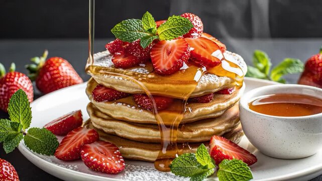 Delicious stack of pancakes with strawberries and syrup on a plate