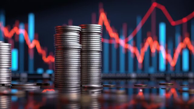 A financial scene featuring stacks of coins in the foreground with a large digital chart showing inflation rates, tax indicators, and interest rate trends, clean composition with space for text, blue 