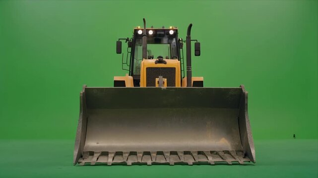 Bulldozer loader front bucket centered on green screen studio.
