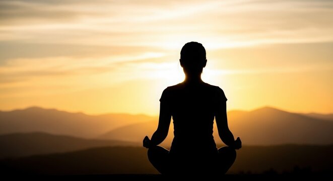 Serene silhouette of a person meditating at sunset