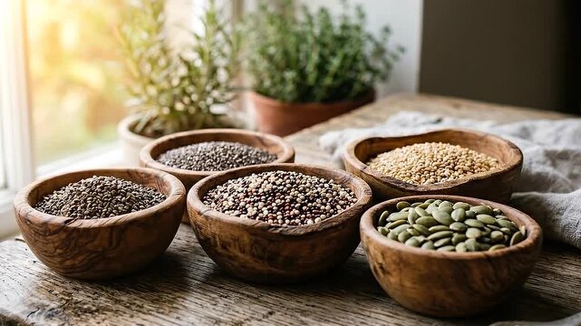 Permaculture design wooden bowl with assorted seeds grain quinoa lentil seed bowl grain bowl wooden bowls rustic table warm sunlight cozy sustainable
