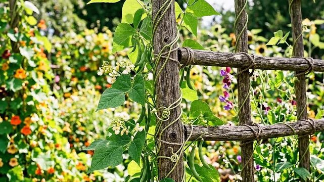 Permaculture design vertical bean vine trellis with climbing pods and heart leaf foliage sunlit cottage garden full of flowers, weathered wood