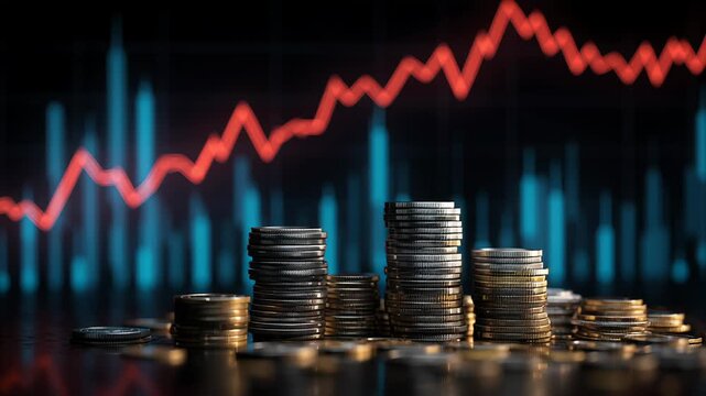 A financial scene featuring stacks of coins in the foreground with a large digital chart showing inflation rates, tax indicators, and interest rate trends, clean composition with space for text, blue 