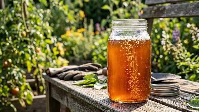Permaculture design jar honey fermentation in garden sunlight golden bubbles mason wooden bench with gardening tools and ripe tomatoes