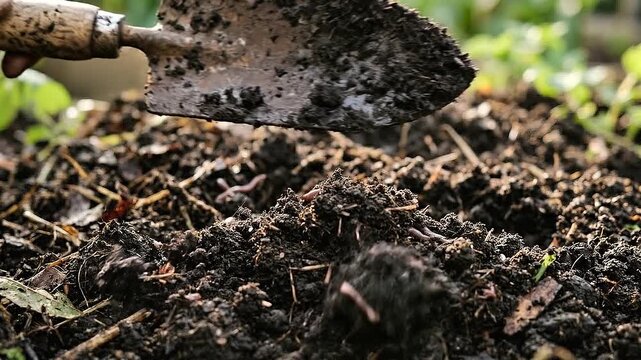 Permaculture design gardener digging compost with hand trowel revealing earthworm life rich organic soil nurturing garden ecosystem and sustainable