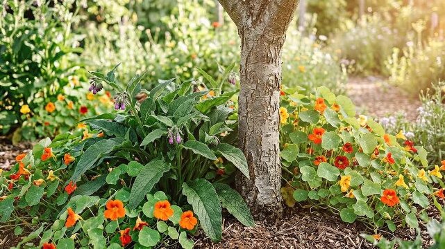 Permaculture design garden bed tree trunk with flowering nasturtium and comfrey creating vibrant edible understory, natural mulch and pollinator
