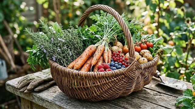 Permaculture design basket carrots herbs berries potatoes tomato organic harvest from backyard leafy greens roots leaves soil rustic wooden table