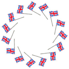Obraz premium Festive round frame with flags, featuring hand painted watercolor images of British symbols.