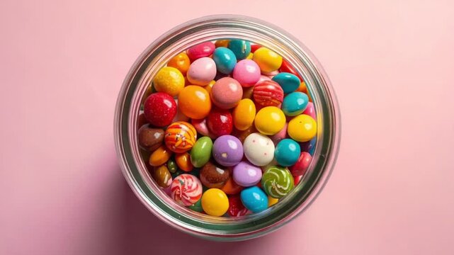 Vibrant Assortment of Colorful Candies in a Glass Jar on Pink Background