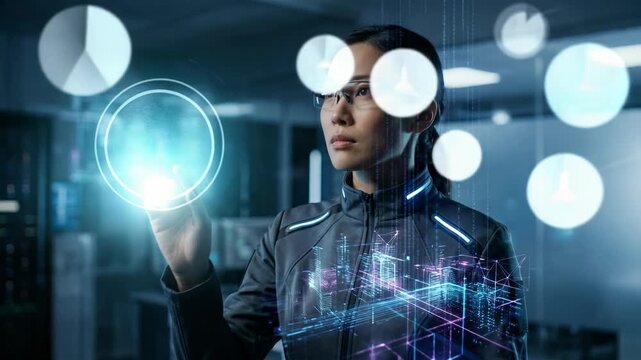 Asian female scientist interacting with holographic data visualization and 3D city model in futuristic laboratory