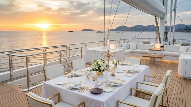 Luxury dinner table set on a sailing yacht deck during a golden sunset at sea