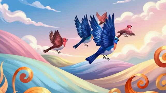 Vibrant illustration of birds on a hill with swirly patterns and a sunny sky