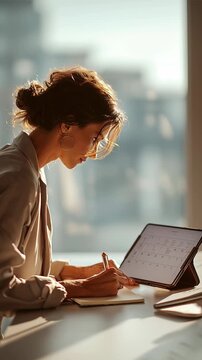 A professional woman working at a desk, interacting with a tablet showing a 2026 calendar planner, writing in a notebook beside the device while organizing tasks and events, clean modern office 
